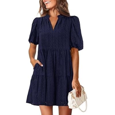[KIRUNDO] KIRUNDO Eyelet Summer Dresses for Women 2026 Mini Casual Hollow Out Short Sleeve Lace Tiered V Neck Shift Dress Pockets