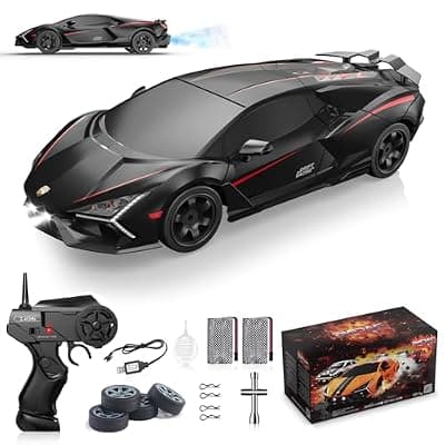 [Desdoni] Remote Control Car RC Drift Car 1:16 Scale 4WD 18KM/H High Speed Model Vehicle 2.4GHz with LED Lights Spray Rubber Tire Racing Sport Toy for Adults Boys Girls Kids Gift 2Pcs Rechargeable Batteries