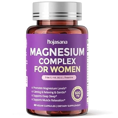 [HojaSana] HojaSana 7-in-1 Magnesium Complex for Women — 600mg Magnesium Glycinate with L-Theanine & Vitamin B6 for Sleep, Stress Relief & Cortisol Balance Support, Vegan, Non-GMO, Gluten Free, 60 Capsules