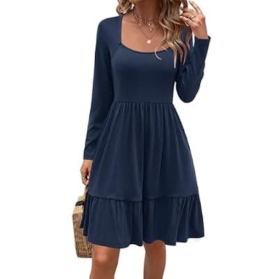 [Newshows] Newshows Women's 2026 Summer Casual Square Neck Ruffle A Line Beach Vacation Sundress Work Business Dress with Pockets