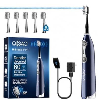 [OILSAO] Electric Toothbrush with Water Flosser for Adults, 3-in-1 Sonic Brush & Floss Combo, Cordless Oral Irrigator with 5 Brush Heads, 3 Modes, 30-Day Battery, Travel Toothbrush for Braces, Sensitive Gums
