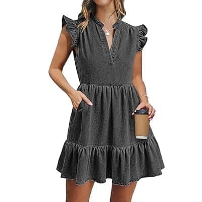 [POTILI] POTILI Denim Dress for Women Ruffle Short Sleeve V Neck Jean Mini Dress with Pockets