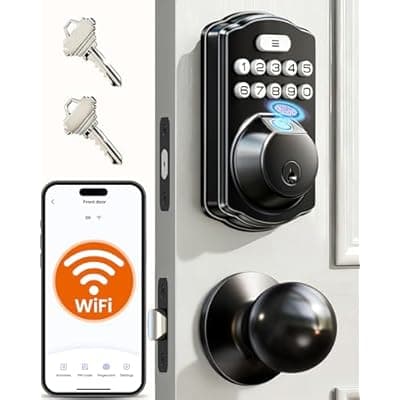 [Veise] Veise VE012W-K Built-in WiFi Fingerprint Smart Lock with 2 Knobs, No Hub Needed, Remote APP Control, Keyless Entry Door Lock, Smart Deadbolt for Front Door, Auto Locking, Matte Black