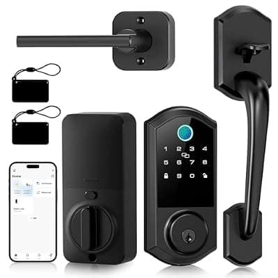 [Firstriver] Smart Front Door Lock Set - Firstriver Keyless Entry Door Lock with Handle, Fingerprint Deadbolt, Keypad & Bluetooth App Control, Electronic Auto Lock, Compatible with Alexa & Google Assistant, Black
