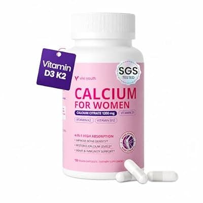[VIVI Youth] VIVI Youth Calcium Supplements for Women - 4-In-1 Calcium Citrate 1200 mg with Vitamin D3 K2, B12 - High Absorption Calcium Citrate & Carbonate for Bone Density & Strength, Non-GMO, 120 Vegan Capsules