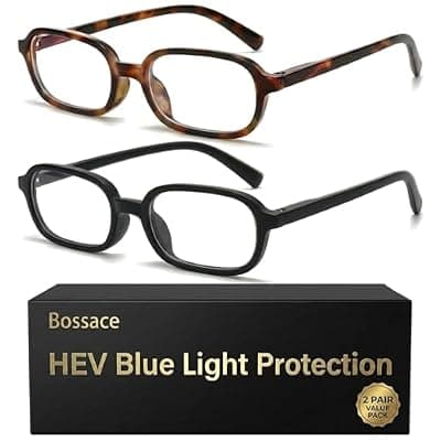[Bossace] Bossace 2 Pack Rectangle Blue Light Glasses for Women, Lightweight TR90 Frame with Spring Hinge for All-Day Comfort, Anti UV Glare & Eyestrain