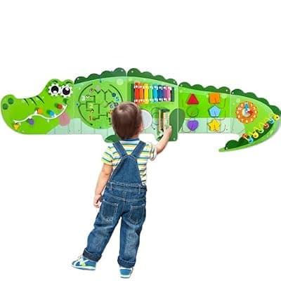 [Batlofty] Crocodile Activity Wall Busy Board Panels | 9-in-1 Wooden Sensory Wall Panel for Kids, Montessori Learning Activity Center | Perfect for Toddler Playroom, Daycare, Nursery, Classroom or Dr's Office