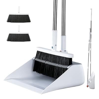 [MOPALL] MOPALL Broom with Dustpan Combo Set with 53" Extra Long Handle, Self-Cleaning Dustpan Teeth for Dog Cat Hair, 180° Swivel Brooms Head, Upright Standing for Sweeping Indoor, Includes 2 Broom Heads