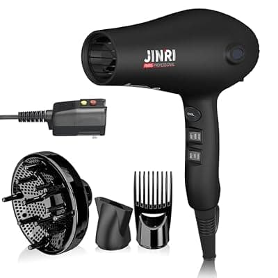 [JINRI] Hair Dryer - JINRI 1875W Diffuser Blow Dryer for Salon & Personal Use – Powerful, Fast Drying with Diffuser, Comb & Nozzle for Women & Men, ALCI Safety Plug, Black