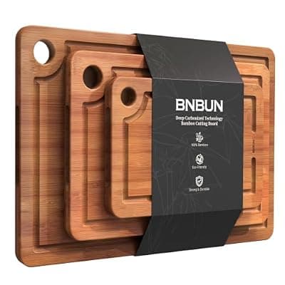 [BTHW] Bamboo Cutting Board for Kitchen, 3-Piece Wooden Cutting Board Set with Deep Juice Grooves, Side Handles, Non-Slip Mats, Reversible Chopping Boards for Meat, Veggies, Fruit, Cheese Serving