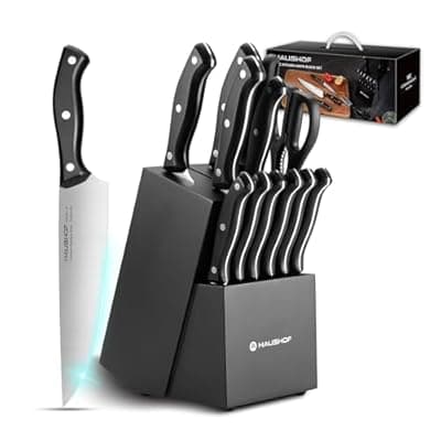 [Jorgensen] HAUSHOF 14 PCS Kitchen Knife Set With Block Wooden, Razor-Sharp Stainless Steel, Forged Triple Rivet, Chefs, Santoku, Slicing, Utility & 6 Steak Knives, Black