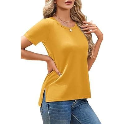 [Herou] Herou Women's Short Sleeve T-Shirt - Crew Neck Causal Plain Outfit Top with Side Split
