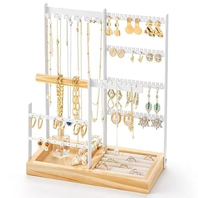 [DreamGenius] DreamGenius Jewelry Organizer Stand with Velvet Ring Holder, 4 Tier Jewelry Holder Organizer with 11 Hooks for Necklaces and 132 Holes for Earrings, White