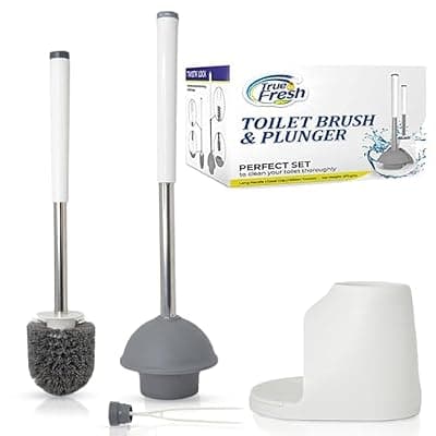 [True Fresh] True Fresh Toilet Brush and Plunger Set with Holder Caddy -Stainless Steel Brush and Toilet Plunger for Heavy Duty -2-in-1 Scrubber Combo with Hidden Tweezer & Extendable Plastic Handle