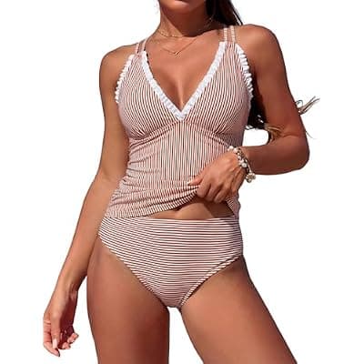 [Jillumi] Jillumi Womens V Neck Tankini Swimsuits Push Up Ruched Color Block Swim Top High Waisted Tummy Control Bathing Suits