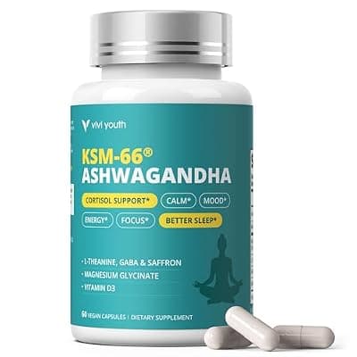 [VIVI Youth] VIVI Youth KSM-66 Ashwagandha Cortisol Supplement for Women with L-Theanine, GABA, Saffron, Magnesium Glycinate and Vitamin D3 for Calm Focus, Mood Balance-Gluten Free, GMO Free - 60 Vegan Capsules