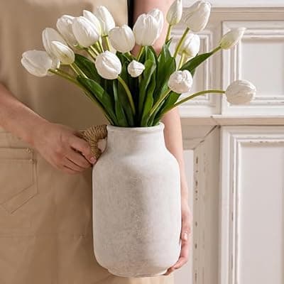 [Vanselia] Ceramic Flower Vase Home Decor - 10.6 inch Tall Large White Rustic Table Flowers Vases with Handle Living Room Bedroom Plant Decoration Farmhouse Vintage for Kitchen Shelf Office Coffee Dining Desk