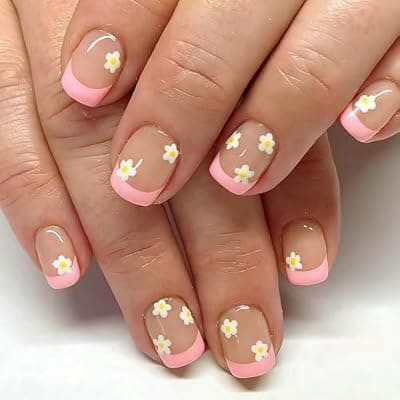 [YOSOMMK] YOSOMMK Short Press on Nails Square Fake Nails with Flower Designs Pink French Nail Bling Sequins Acylic Nail for Women and Girls