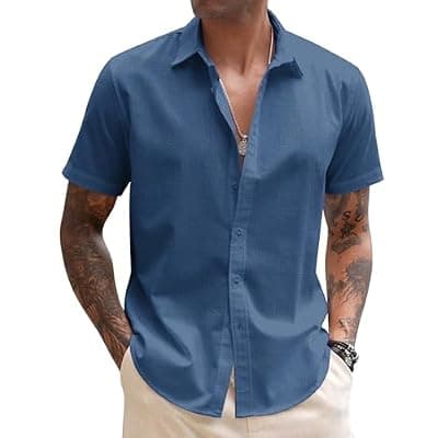 [COOFANDY] COOFANDY Mens Button Down Short Sleeve Beach Shirts Casual Summer Button Up Cruise Vacation Linen Shirt