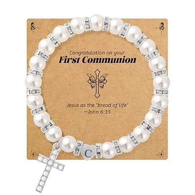 [BAYLAY] BAYLAY First Communion Gifts for Girls, Cross Bracelet for Teen Girl First Communion Bracelet for Girls Pearl Letter Initial Charm Bracelet First Holy Communion Gifts for Girl Catholic