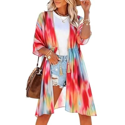 [Charming Ashley] Womens Swimsuit Coverup Casual 3/4 Sleeve Cardigans Swimsuit Summer Beach Cover Ups with Tropical Prints
