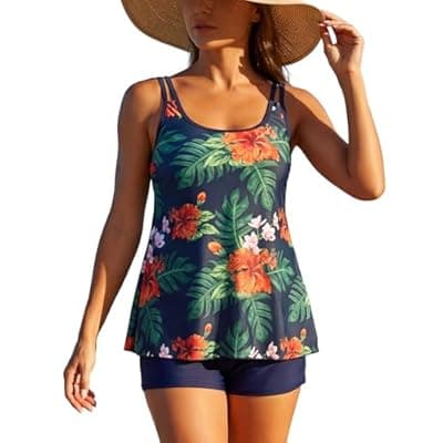 [Nillocco] Two Piece Tankini Swimsuits for Women Plus Size Tummy Control Bathing Suits with High Waisted Boyshorts Bottom Long Torso Top