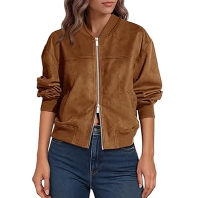 Lazysmile Women's Faux Suede Bomber Jackets Fall Fashion Outfits Winter Clothes Stand Collar Zip Up Coats Outwear