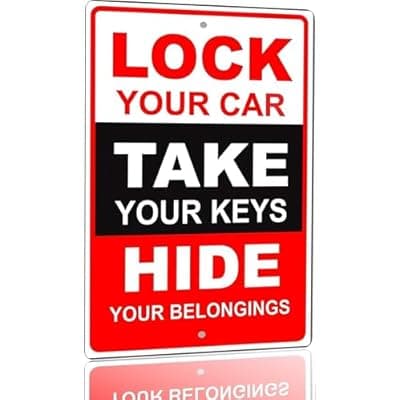 [annekilly] Parking Security Warning Sign – “Lock Your Car, Take Your Keys, Hide Your Belongings” Metal Tin Sign, Garage & Parking Lot Safety Notice, Shop & Property Warning, 8 x 12 Inch