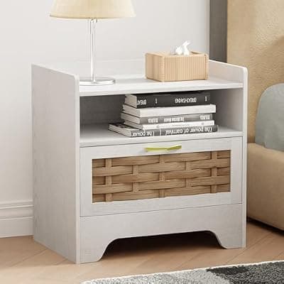 [HOCAT] HOCAT 24" Rattan Nightstand, Boho Night Stand with Open Storage, White Bedside Table with Drawer, Bed Side End Table Dresser for Bedroom, Living Room, Hallway