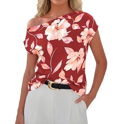 [Zenlonr] Zenlonr Womens Off The Shoulder Tops 2026 Summer Casual Short Sleeve T Shirts Boho Floral Blouse Trendy Going Out Tops