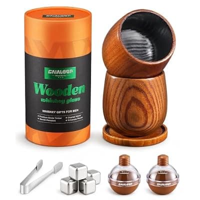 [Gaialoop] Gaialoop Charred Wooden Whiskey Glass Gift Set for Men, Smoke Wood Bourbon Cup with Whiskey Rocks & Ice Mold, Handmade Whiskey Tumbler with Coaster Lid, Cool Bourbon Gifts for Boyfriend, Dad, 2 Pack