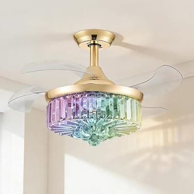[LumZeylith] LumZeylith 30" Retractable Crystal Ceiling Fan with Light, RGB Modern Fandelier 6 Speeds Reversible Blades Dimmable Remote App Control Memory Timer Gold
