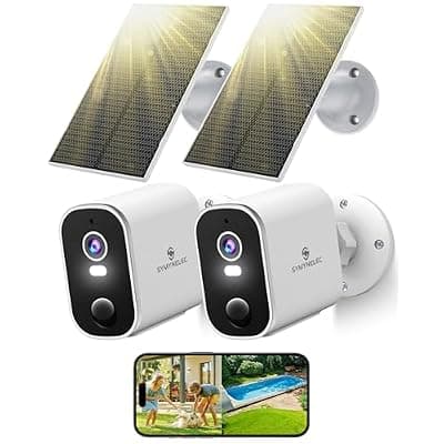[SYMYNELEC] SYMYNELEC 2K Solar Security Cameras Wireless Outdoor, 2-Pack | No Monthly Fee, 100% Wire-Free, Color Night Vision, PIR Person Detection, IP65 Waterproof, Works with Alexa, 2.4GHz WiFi
