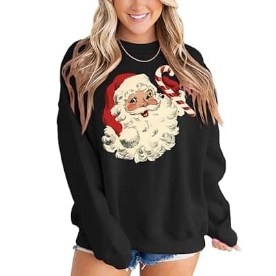 [MAPICK] MAPICK Santa Sweatshirt for Women Christmas Fleece Linend Sweaters Crewneck Oversized Long Sleeve Pullover Tops