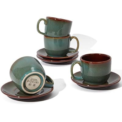 [Pokini] Pokini Stoneware Coffee Cups with Saucers, 6 Oz Cappuccino Cups Set of 4, Microwave & Dishwasher Safe, Perfect For Tea, Espresso, Latte, Ceramic Mugs for Kitchen or Cafe, Brown Green