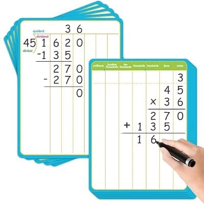 [PraxiKidy] PraxiKidy 12 Pack Long Division Dry Erase Card Chart,12" x 9" Multiplication Flash Card Math Manipulative Small Whiteboard for Student Teacher 2ND 3RD 4TH Grade Classroom Homeschool Supplies Essential