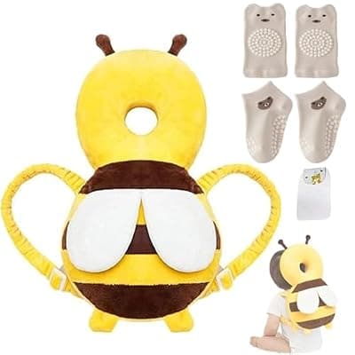 [MINOCHI] Baby Head Protector Backpack, Toddler Baby Head Protection Backpack with Baby Knee Pads Alarm Function for Walking & Crawling, Soft, Breathable and Wearing Safety Baby Head Protector - Yellow Bee