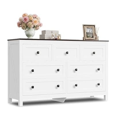 [GALAXHERO] GALAXHERO Farmhouse TV Stand, 51.18" Wide 7 Drawer Media Console for 65" TV, Wooden Storage Cabinet for Living Room, Hallway, White