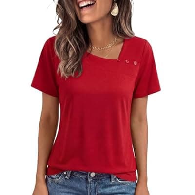 [MFAVIP] MFAVIP Short Sleeve Shirts for Women Tunic Tops Asymmetric Square Neck with Decorative Buttons Loose Fit Summer Casual