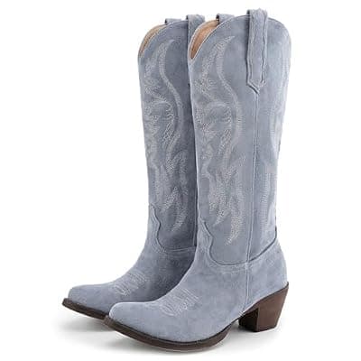 [KaroNairy] Women Mid Calf Cowboy Boots Western Ponited Toe Embroidered Chunky Heel Cowgirl Boots