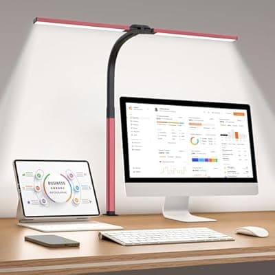 [Paklighting] LED Desk Lamp for Home Office, Eye-Caring Desk Light with Clamp, 24W Double Head Architect Task Lamp Stepless Dimming, Flexible Gooseneck Bright Table Lamp for Study Reading Workbench Drafting Red