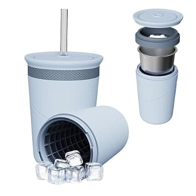 [Liirsvee] Ice Cube Cup with Straw, Ice Maker Cup with Silicone Mold & Steel Liner – Built-in Mold, Non-Diluting Cooling for Coffee Beer, Dishwasher Safe for Home Camping Travel