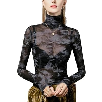 [METWAY] METWAY Black Sheer Top for Women Mesh Long Sleeve Top Lace Turtleneck See Through Undershirt Sexy Blouse Going Out Shirt
