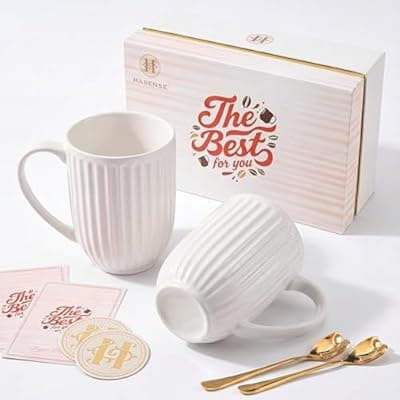[HASENSE] HASENSE 20oz Large Ribbed Ceramic Coffee Mugs Set of 2, White Latte Tea Cups with Golden Spoon & Coaster, Microwave Safe Coffee Cup, Premium Gift Box for Birthday Anniversary Couple Gifts