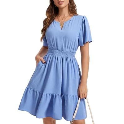 [MFAVIP] MFAVIP Womens 2026 Summer Casual Dress Ruffle Sleeve Elastic Waist A Line Boho Beach Vacation Sundress with Pockets