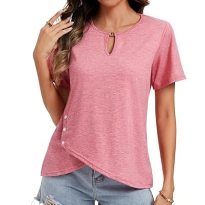 [MFAVIP] MFAVIP Womens Short Sleeve 2026 T-Shirts Crew Neck Summer Tops Casual Basic Trendy Cutout Tee Button Asymmetric Hem