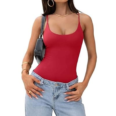 [PINKMSTYLE] PINKMSTYLE Women Sexy Scoop Neck Double Lined Bodysuit Backless Cami Top Adjustable Spaghetti Strap Body suit Tank Tops