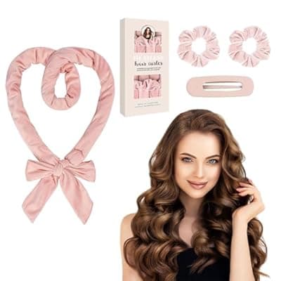 [Ihrlpxkc] Heatless Curls Overnight Headbands for Women, Hair Rollers with Scrunchies and Clip, Soft Velvet Heatless Hair Curler for Long Hair, No Heat Damage to Hair (Pink)