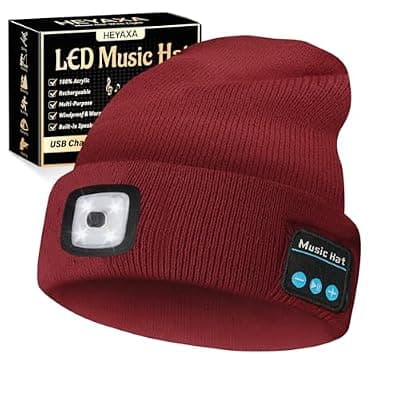 [HEYAXA] HEYAXA Bluetooth Beanie Hat, USB Rechargeable 4 LED Wireless Music Running Headlamp Cap, Dad Gifts for Husband, Dad, Birthday Gifts for Men, Dad, Father, Women, Him, Her, Red
