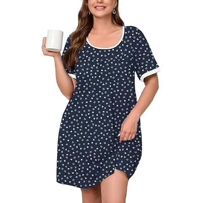 [AusLook] AusLook Plus Size Women's Nightgown Short Sleeve Sleep Dress Sleepwear Sleepshirts Pleated Scoopneck Nightshirt 1X-5X
